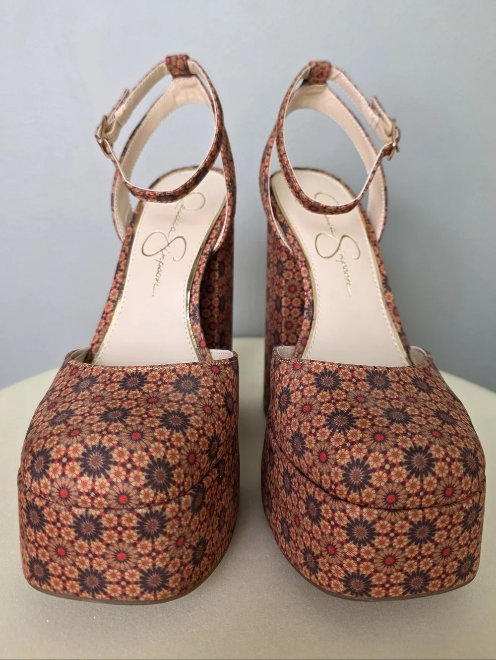 Jessica Simpson Skilla Floral Platform Pumps, Boho Geometric Print, Size 7.5 NEW